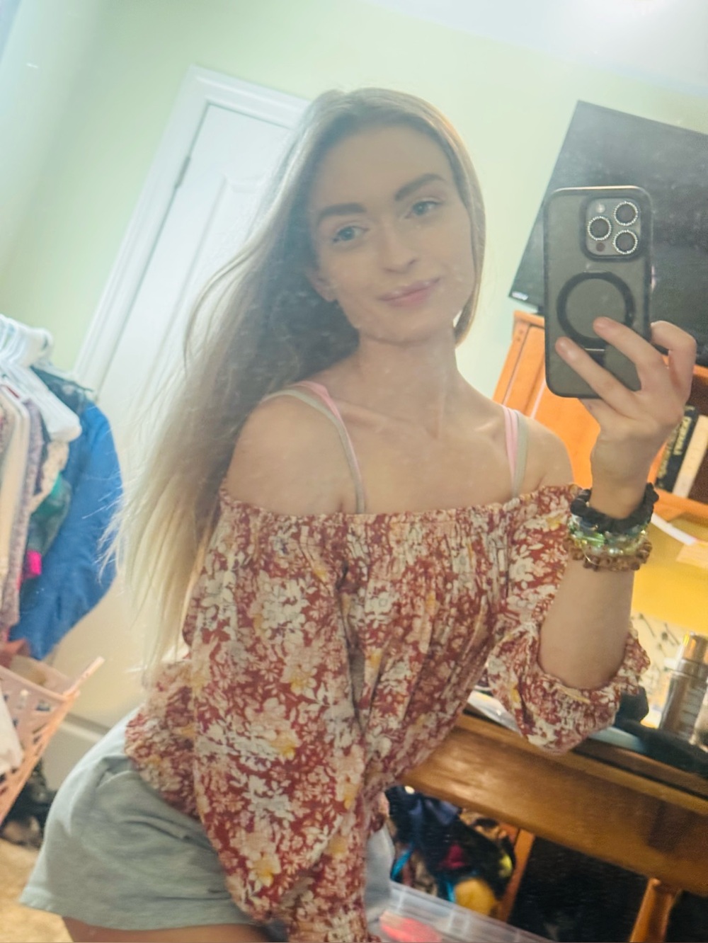 👑 Cute SCynthia Rowley Rust Floral Off-Shoulder Peasant Top Size XSmall